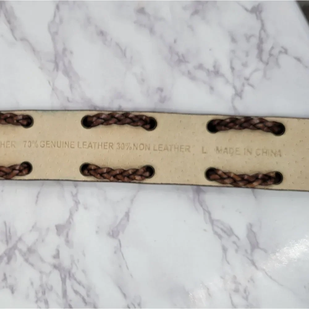 Brown Bonded Leather Belt with Brass Buckle Braided X Design Western